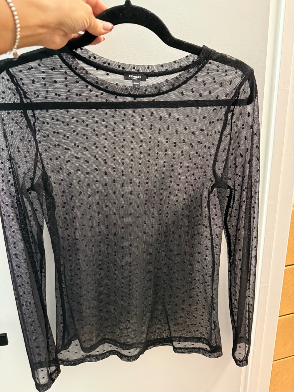 Express Black Sheer Swiss Dot Long Sleeve Top